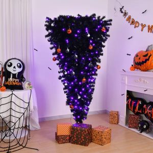 6 FT Pre-lit Upside Down Artificial Christmas Tree, Black Halloween Tree With 250 Purple Lights And Pumpkin & Skull Ornaments