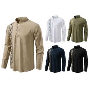 Printed Men's European Size Solid Color Cotton And Linen Shirt