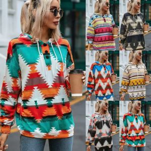 Geometric Pattern Long Sleeve Loose Hooded Button Pocket Sweatshirt