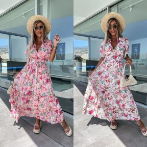 Summer Printed Short Sleeve Large Swing Skirt Dress