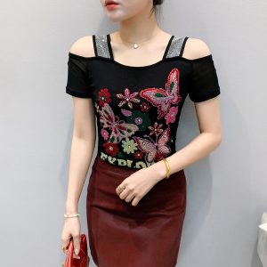 Summer New Exquisite Rhinestone Double Layer Ice Silk Net Yarn Short Sleeve