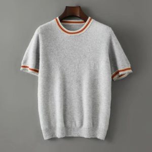 Round Neck Pure Wool Sweater Men's Short Sleeve Early