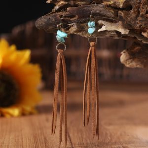 Retro Long Turquoise Leather Tassel Earrings Retro Personality
