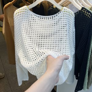 Sexy Pure Want To Wear Round Neck Long Sleeve Hollow Knitted Mesh Shirt