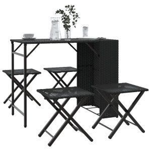 5-Piece Folding Garden Dining Set Black Poly Rattan