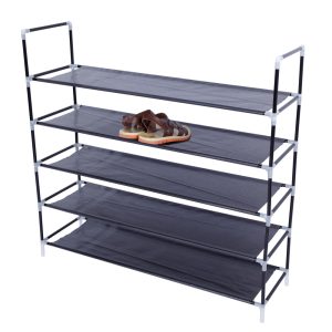Simple Assembly 5 Tiers Non-woven Fabric Shoe Rack Organizer With Handle Black