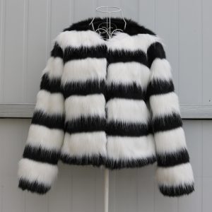 Warm Black And White Striped Long-sleeved Leather Jacket