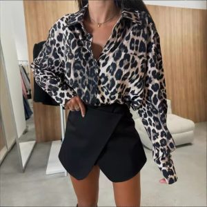 Vintage Leopard Print Lapel Single Breasted Loose Casual Long Sleeves Shirt