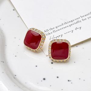 Retro Red Plate Temperament Inlaid Square Simple And Stylish Earrings