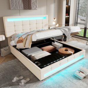 Upholstered Bed, Hydraulic Bed, Adults Teenagers 4ft6 Double Bed 135x190cm, Square Embellishment, With 7colors LED-light Strips, Velvet Iron, Beige