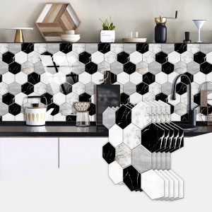 Black And White Marble Wall Sticker Mosaic Hexagonal Peel And Stick Anti-splash PVC Glossy Self-adhesive Anti-splash Honeycomb Sticker Wall Tile Waterproof And Oil-proof