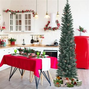 7FT Green Artificial Christmas Tree - 351 Lush Tips, 41 Realistic Pine Cones, Foldable Metal Stand
