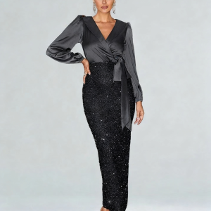 Surplice Neck Knot Side Split Back Sequin Dress Black Elegant Long Sleeve Formal Evening Prom Wedding Guest Gown For Graduation Dinner Party Dress