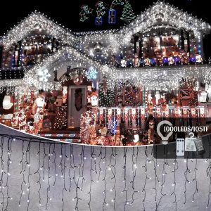105ft Outdoor Christmas Decoration Lights,1000 LED 8 Modes Curtain Fairy Lights With 50 Drops,Plug In,Waterproof,Timer,Memory Function For Christmas Holiday Wedding Party Decorations