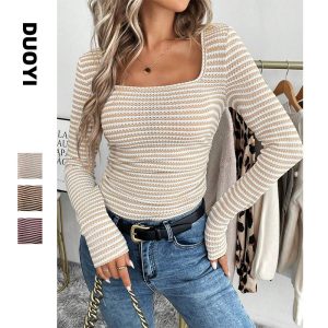 Women's T-shirt Square Collar Slim Fit Pullover Knitted Long Sleeve