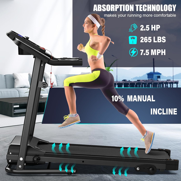 Compact Folding Treadmill for Home - 2.5HP Quiet Brushless Motor, 3-Level Incline, 7.5 MPH, Shock Absorption, Space-Saving Design for Running, Walking - Treadmill for Small Spaces & Home Use-10