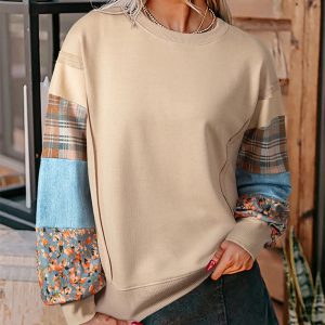 Women's Casual Patchwork Printed Sleeve Pullover Sweater