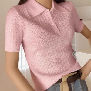 Tencel Hollow Out Bottoming Sweater Half Button Top