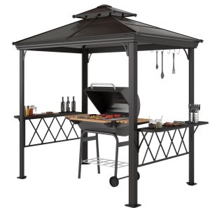 Outside Porch BBQ Cooking Pergola Canopy With 6 Hooks For Utensils And Double Venting Roof, Coffee
