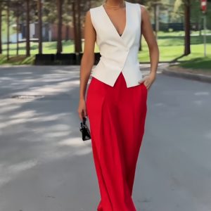 Women's Fashion Deep V-neck Sleeveless Top High Waist Wide Leg Pants Two-piece Set