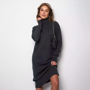 Women's High Collar Loose Inner Solid Color Knitted Dress