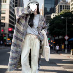 Retro Contrast Color Striped Hooded Sweater For Women