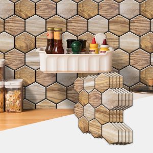 Hexagonal Peel Back Tiles, Kitchen And Bathroom Stickers, Wood Grain PVC Waterproof And Oil Proof Easy To Install Self-adhesive Wall Stickers Smooth And Easy To Clean