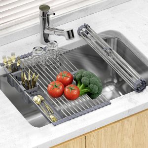 Expandable Roll Up Dish Drying Rack With 2 Removable Baskets