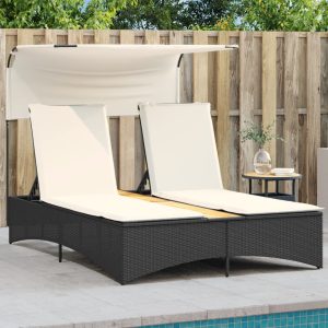 Double Sun Lounger with Canopy and Cushions Black Poly Rattan