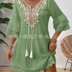 Women's Seaside Holiday Dress Bohemian Beach Dress Fairy Ethnic Style Embroidered Lantern Sleeve Style Long Swing Skirt