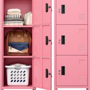 Aobabo Door Metal Storage Locker With Lock,Steel Locker With Name Card Holder And Metal Leg For School, Home, Office, Playroom, Assembly Required, Pink