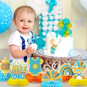 14 Pcs Here Comes The Son Baby Shower Decor, Baby Shower Honeycomb Centerpieces Set For Tables Here Comes The Son Sunshine Decorations Boho Rainbow Sun Gender Reveal Party Favors Supplies-Clearance