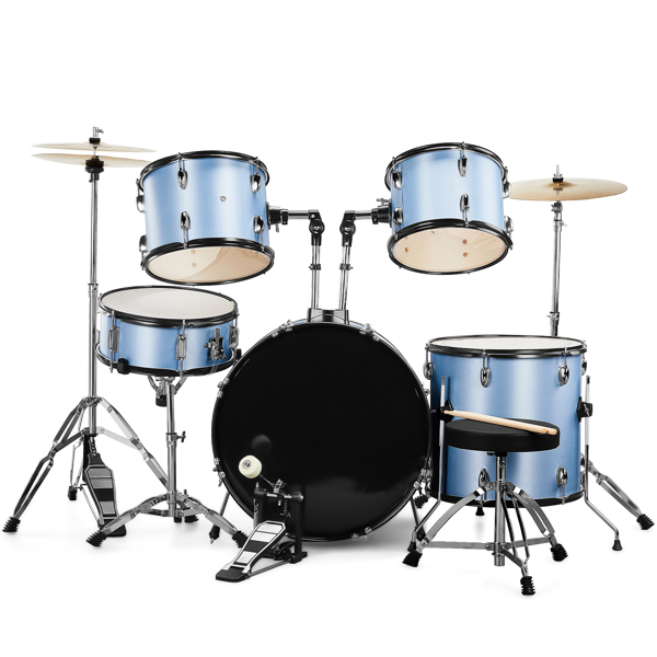 Full Size Adult Drum Set 5-Piece Blue with Bass Drum, two Tom Drum, Snare Drum, Floor Tom, 16