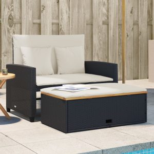 Garden Sofa with Cushions 2-Seater Black Poly Rattan & Acacia Wood