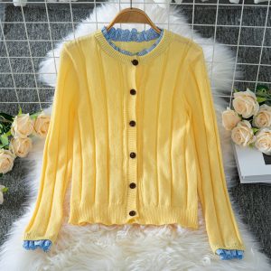 Autumn Ruffled Stitching Slim-fit Crop-top Outer Sweater Cardigan