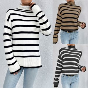 Women's Loose Contrast Color Striped Sweater Long-sleeved Top