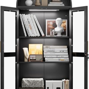 Metal Arched Cabinet With LED Strips, Arch Display Bookcase With Glass Doors, Modern Freestanding Kitchen Pantry Storage Cabinet For Living Room, Dining Room, Home Office, Assembly Required Black