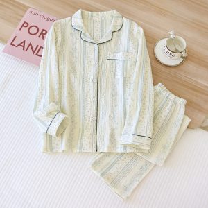 Cotton Crepe Pajamas Suit Women's Long-sleeved Trousers
