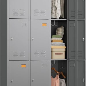 9 Doors Metal Locker With 27 Hooks And Business Card Holder,Metal Lockers For Employees With Ventilation Holes For School Office Gym Garage,Assembly Required,Dark Grey
