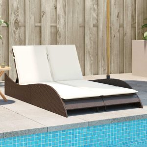 Sun Lounger with Cushions Brown 114x205x73 cm Poly Rattan