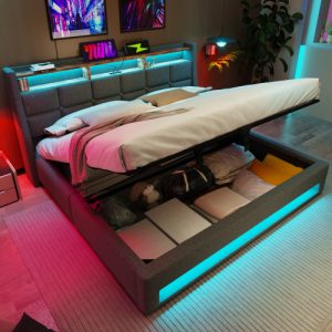 Upholstered Double Bed 150 X 200 Cm With LED Lighting, USB Type-C Charging Function, Storage Headboard, 5FT King Size Storage Bed Frame With Metal Slatted Frame, Linen, Grey No Mattress