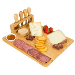 Bamboo Cheese Board Charcuterie Cheese Platter Board Serving Tray With Cutlery Set For Wedding Birthdays Christmas