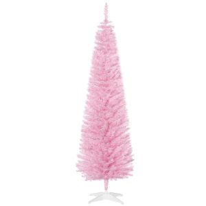 6' Pencil Christmas Tree, Slim Artificial Xmas Tree With Realistic Branches, Sturdy Metal Stand, Pink