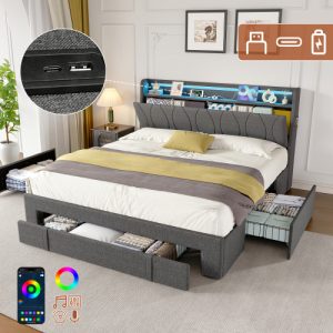 4ft6 Double Upholstered Bed With Three Storage Drawers, LED Headboard With Charging Station And Concealed Headboard Storage,USB And Type - C Ports, Linen, No Box Spring Needed, Grey No Mattress