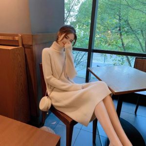 Mid-length High Collar Sweater Dress Women's Thickened Autumn And Winter Loose