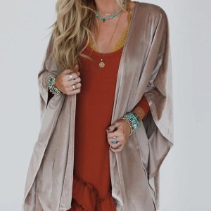 Smoke Gray Sleeve Open Front Velvet Kimono