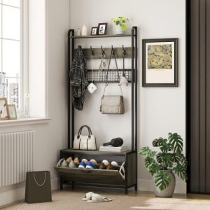 HOMCOM 5-In-1 Industrial-Style Hallway Tree - Grey Black