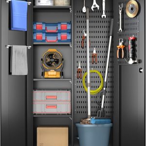 Broom Closet Storage Cabinet With Wheels , Metal Cleaning Cabinets With Hooks And Hanging Rods, Lockable Cabinet With Pegboard, Adjustable Shelf,for Garage, Laundry Room