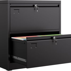 Metal 2 Drawer Lateral File Cabinet With 2 Lock - Wide Filing Cabinet For Letter Legal Hanging Files - Includes Business Card Holder,Home Office School Storage,Black