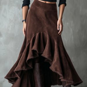 Western Brown High-Low Eco Suede Ruffle Maxi Skirt
